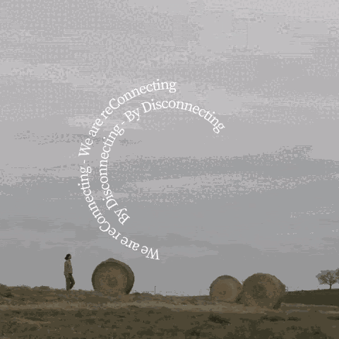 Picture of people walking on a field, circular text reads We are reConnecting By Disconnecting